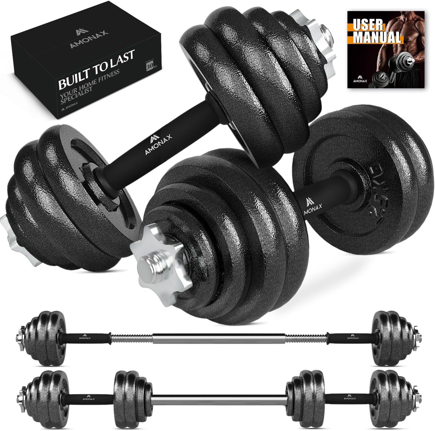 Amonax 20kg 30kg Cast Iron Adjustable Dumbbells Weight Set, Barbell Set Men Women, Strength Training Equipment Home Gym Fitness, Dumbell Pair Hand Weight, Bar Bells Free Weights for Weight Lifting